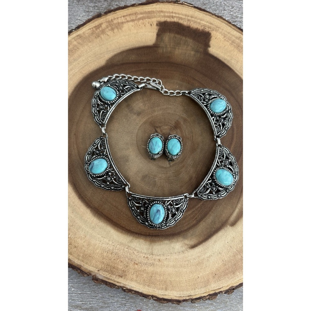 Vintage Art Deco Silver Turquoise & Marcasite Ornate Necklace & Earrings Set